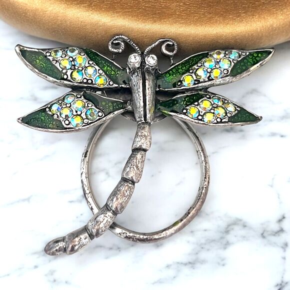 Signed Kirks Folly Scarf Clip Dragonfly Enamel Aurora Borealis Crystals 9W - Picture 1 of 3